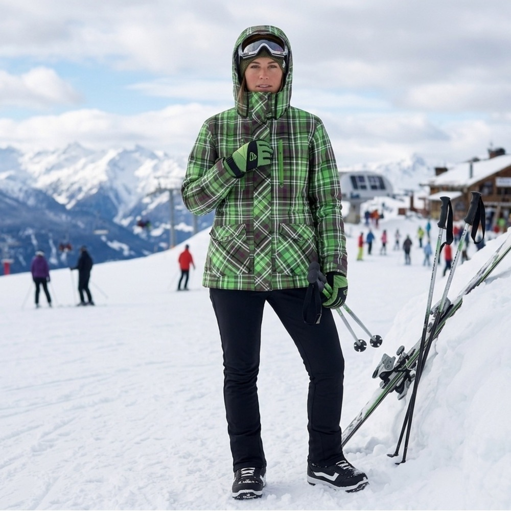 Liquid Boardwear Quattro Ski Jacket Small Green Purple Plaid Waterproof Hooded